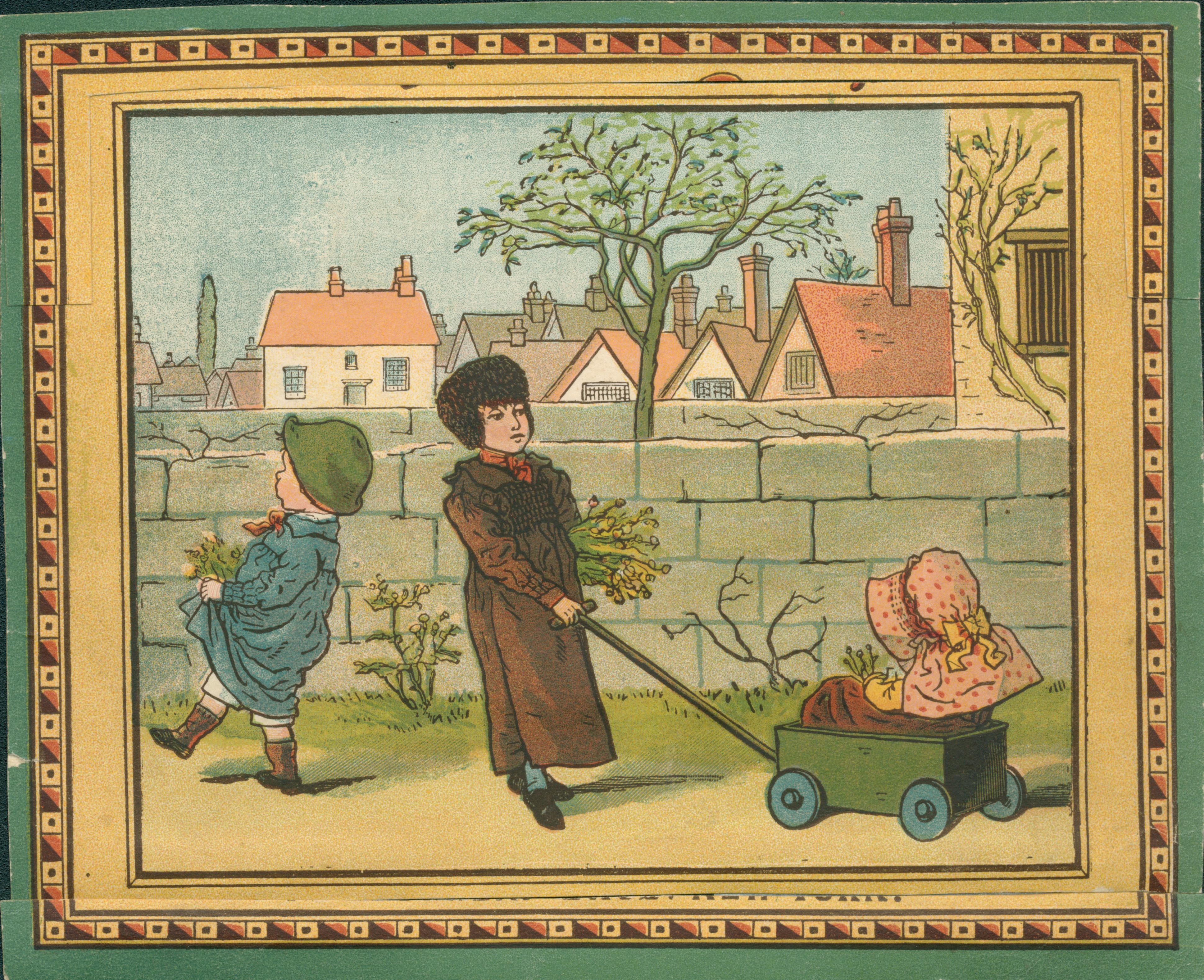 This trade card shows three children in front of a low stone wall; one child is in wagon while another child holds wagon handle and flowers. The third child is walking ahead.